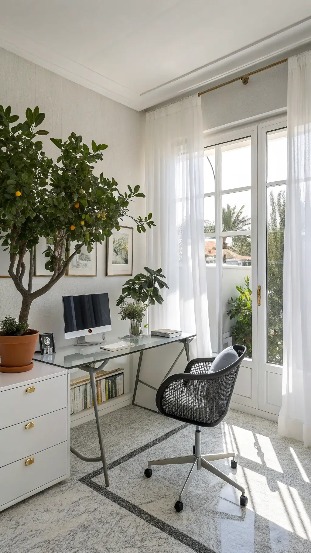 Corner office with dual aspect windows and morning light filtering through sheer curtains, featuring an L-shaped glass desk, ergonomic charcoal mesh chair, white lacquer storage, potted citrus trees, and terrazzo flooring with brass inlays.
