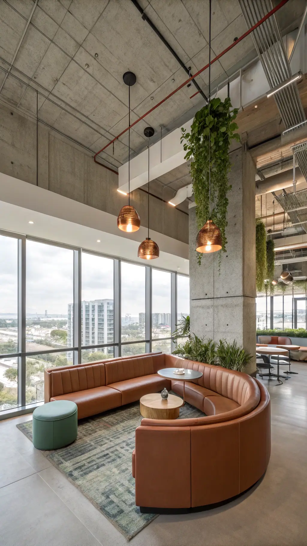 An open-plan collaborative area with a floating meeting pod featuring curved leather banquette seating, exposed concrete ceiling, microcement floors in warm gray, and copper pendant lights hanging at varying heights. The space is enhanced by floor-to-ceiling windows offering urban views, a living wall with Mediterranean herbs, and is captured from an elevated position to showcase spatial flow. Earth tones, copper, and sage green dominate the color scheme.