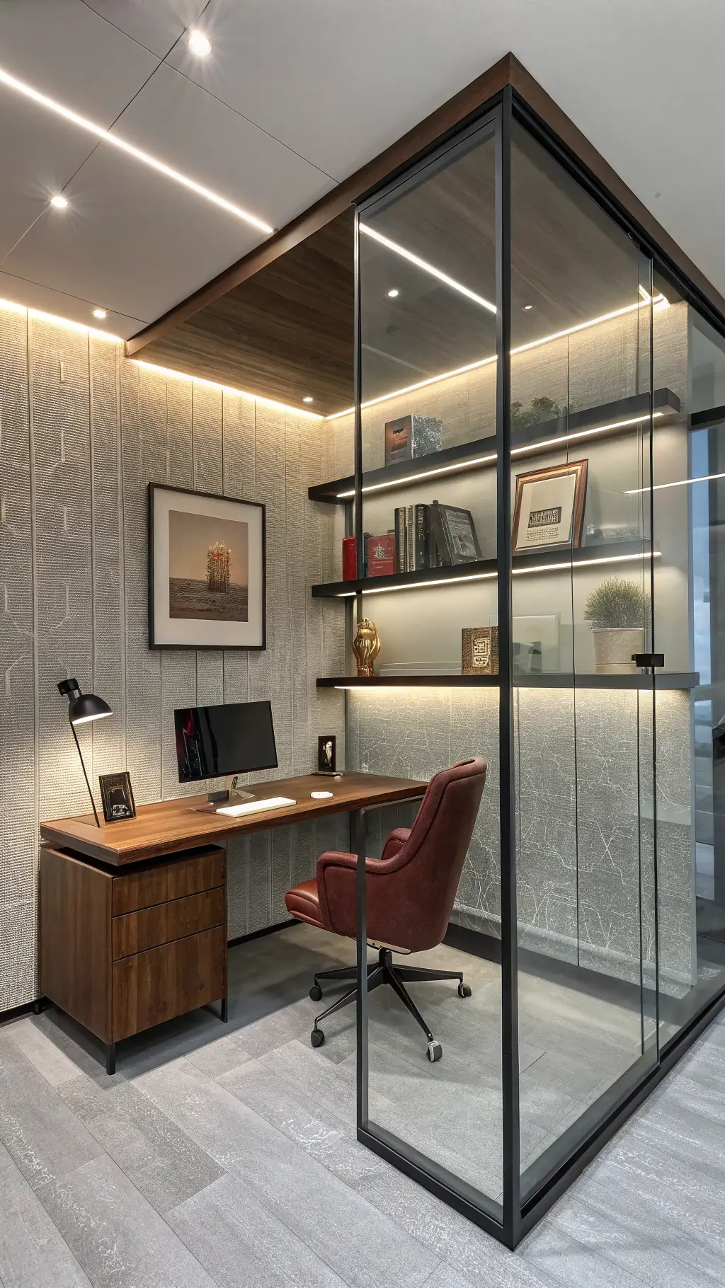 A private office pod with glass partition walls showcases a minimalist walnut desk equipped with integrated technology. An iconic Italian leather task chair in oxblood sits in front. The scene, captured with a 50mm lens for slight compression, includes dusk lighting with strategic LED strips. Floating shelves display art pieces and awards, set against textured wallpaper in platinum gray, with an emphasis on symmetry.