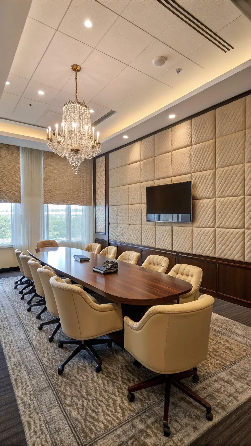 A spacious executive conference room featuring a large boat-shaped meeting table made of ebonized oak surrounded by twelve cream leather conference chairs. The room is illuminated by afternoon light filtering through motorized blinds. A crystal chandelier is centered above the table, and a geometric-patterned wool carpet covers the floor. The color palette includes dark wood, cream, and bronze tones. The scene is captured from the head of the table's perspective with a 35mm camera lens for natural proportions.