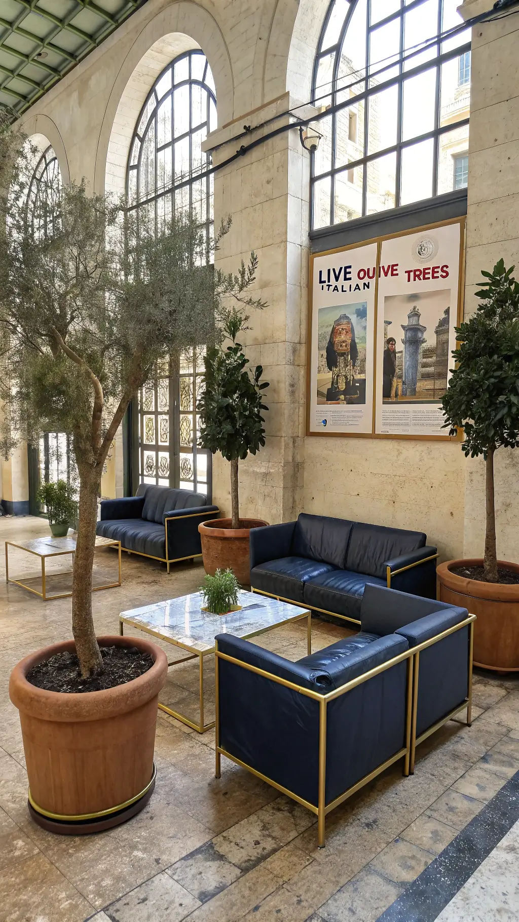 Breakout space with arched windows, featuring modular navy leather seating with brass frames, live olive trees in terracotta pots, and vintage Italian posters on the walls. The room has diffused natural light, limestone flooring with subtle patterns, and is photographed from the corner to show layered zones.