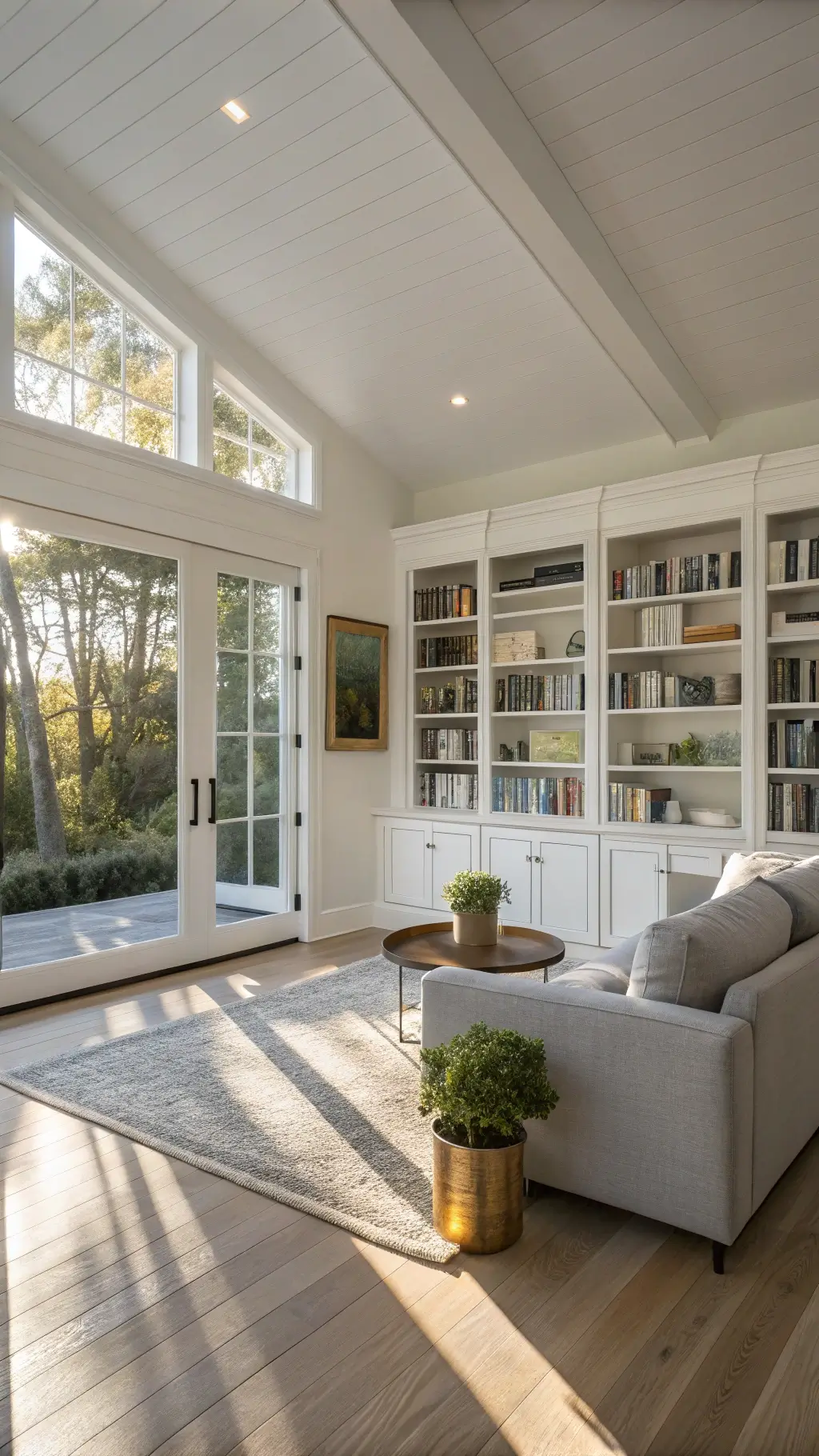 A sunlit contemporary living room with a floor-to-ceiling white lacquered bookcase, showcasing color-coordinated books and brass objects, opposite a charcoal linen sectional on white oak flooring, accented by brass and sage green touches.
