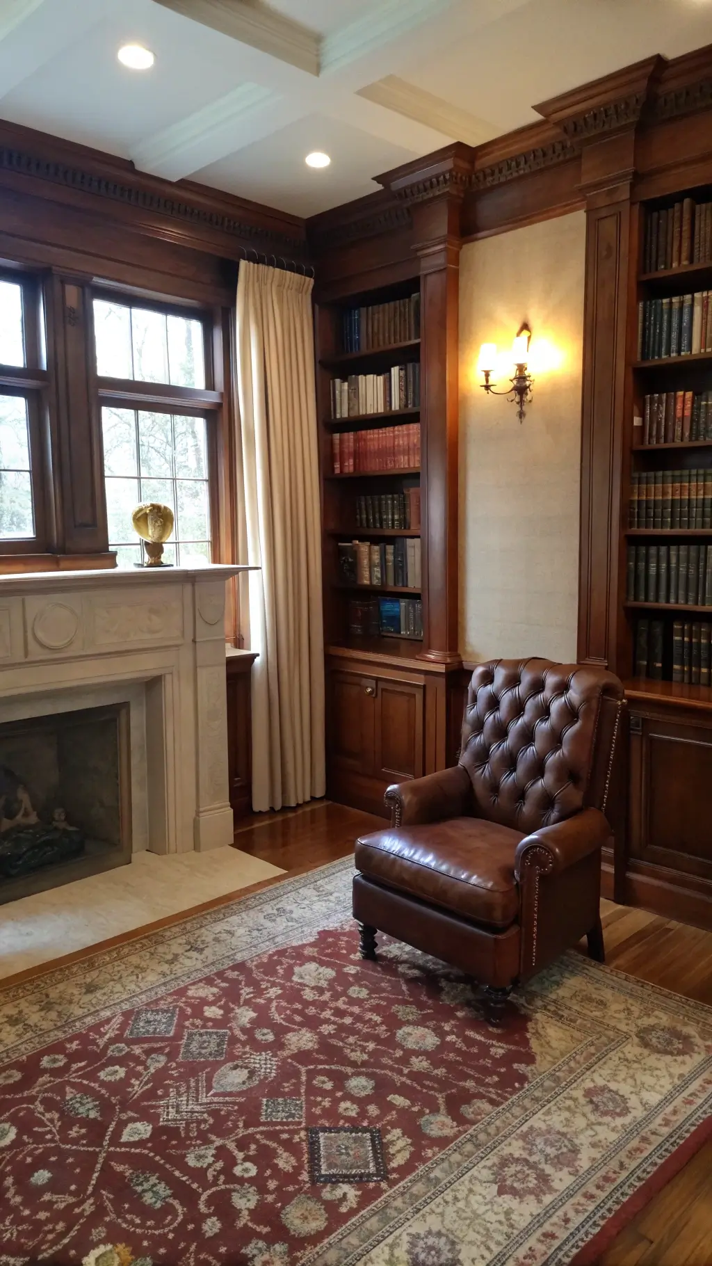 An elegant reading nook with mahogany bookcases, a limestone fireplace, tufted leather chair, Persian rug, and morning light through linen drapes, creating a warm and scholarly ambiance.