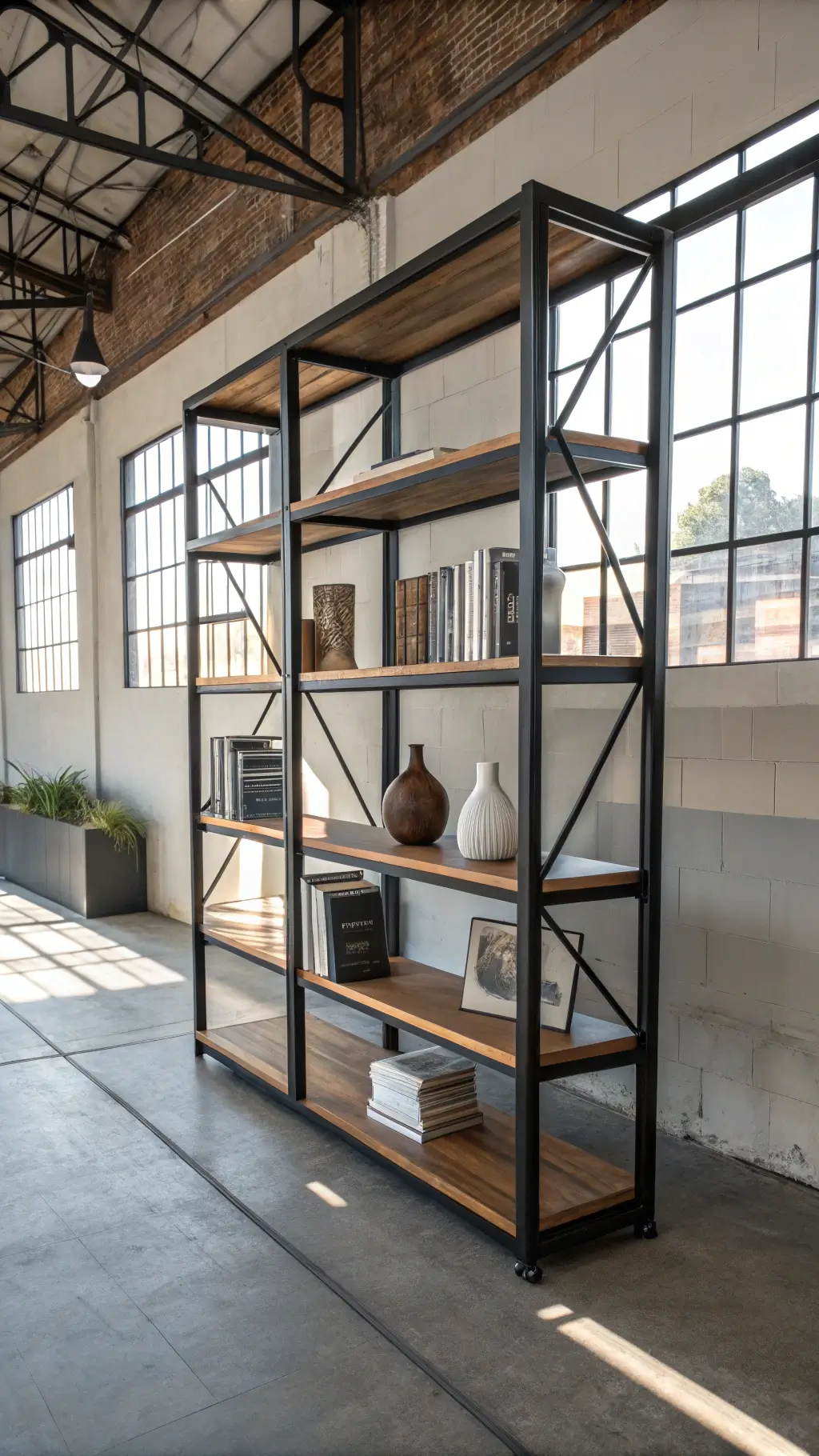 A modern loft with an industrial-style black metal and walnut bookcase dividing the room, styled with books and ceramics; factory windows cast geometric shadows on concrete floors, in a monochromatic color scheme.
