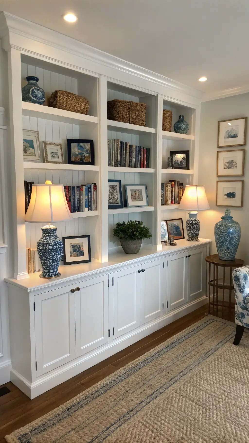 A cozy family room corner featuring a tall white shaker-style bookcase, soft recessed lighting, silver-framed family photos, blue-and-white ceramics, natural jute rug, and a coastal-inspired palette.