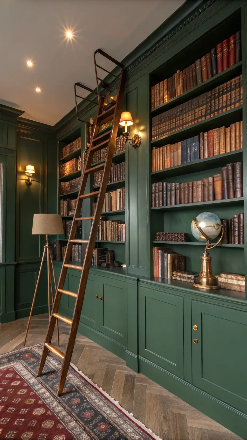 A Victorian-style library corner with floor-to-ceiling green bookcases, brass library ladder, and vintage lamps, featuring earth-toned leather-bound books, globes, and telescopes. Bookcases