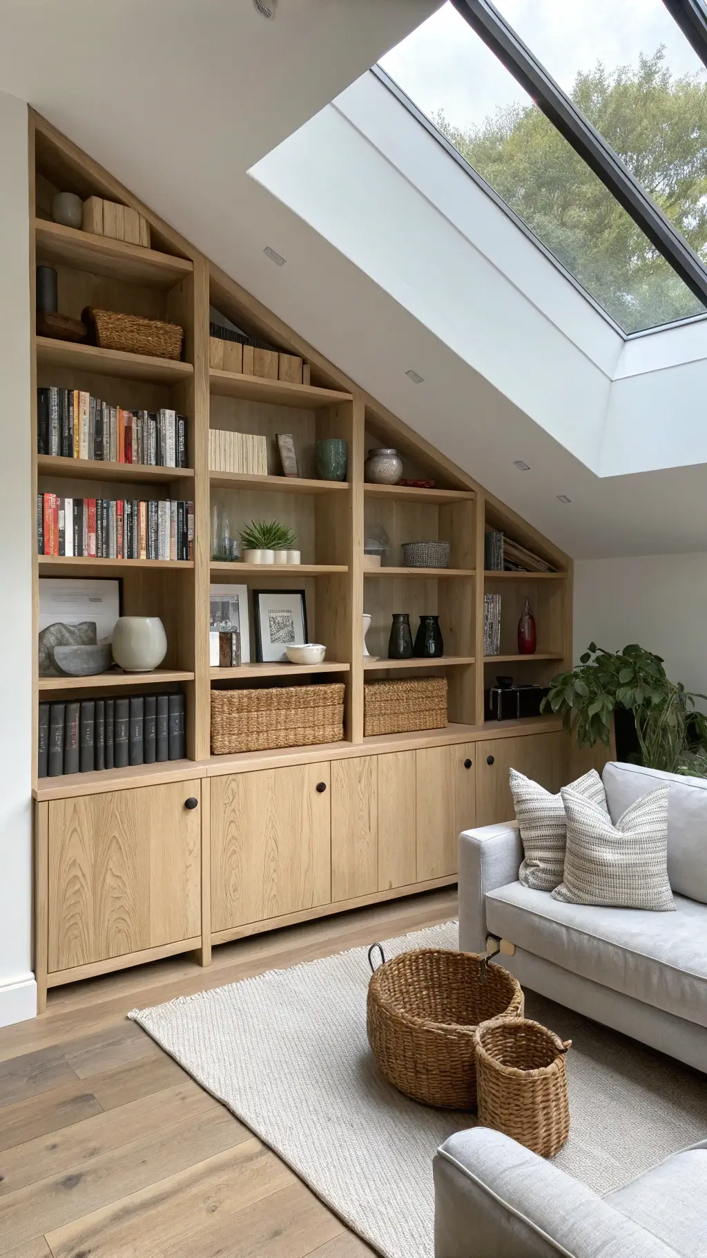 Scandinavian-modern living room with a white oak bookcase spanning the wall, featuring books, ceramics, and baskets; a skylight highlights the natural wood grain. An oatmeal linen sectional sits across from the bookcase amid light woods and black metal accents. Bookcases