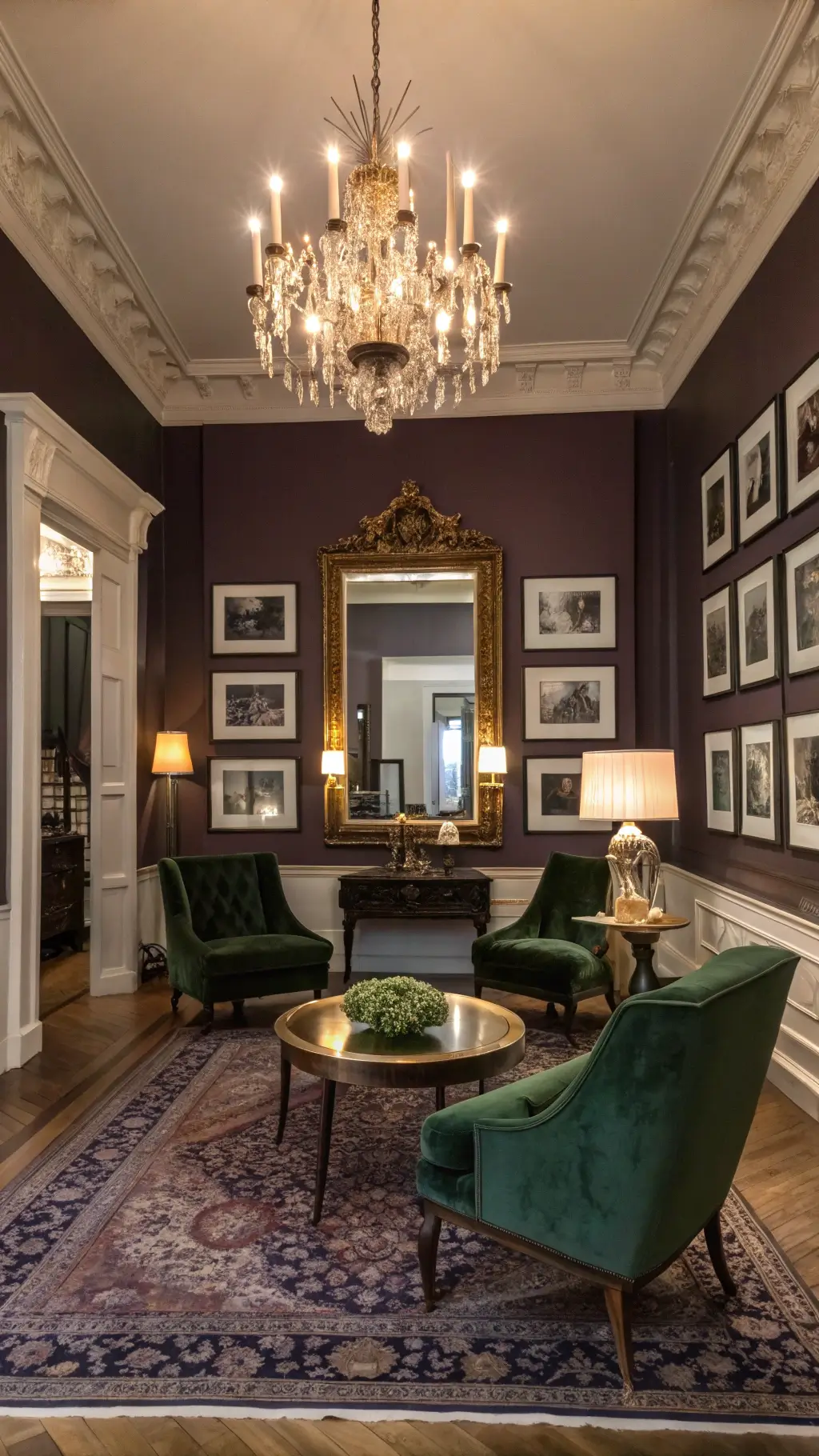 Sophisticated parlor with deep plum walls, 10' ceilings, and original crown molding, featuring a gilt-framed mirror, vintage black iron chandelier, black and white photo gallery, emerald velvet chairs, brass coffee table on Oriental rug, and warm lighting from brass lamps.