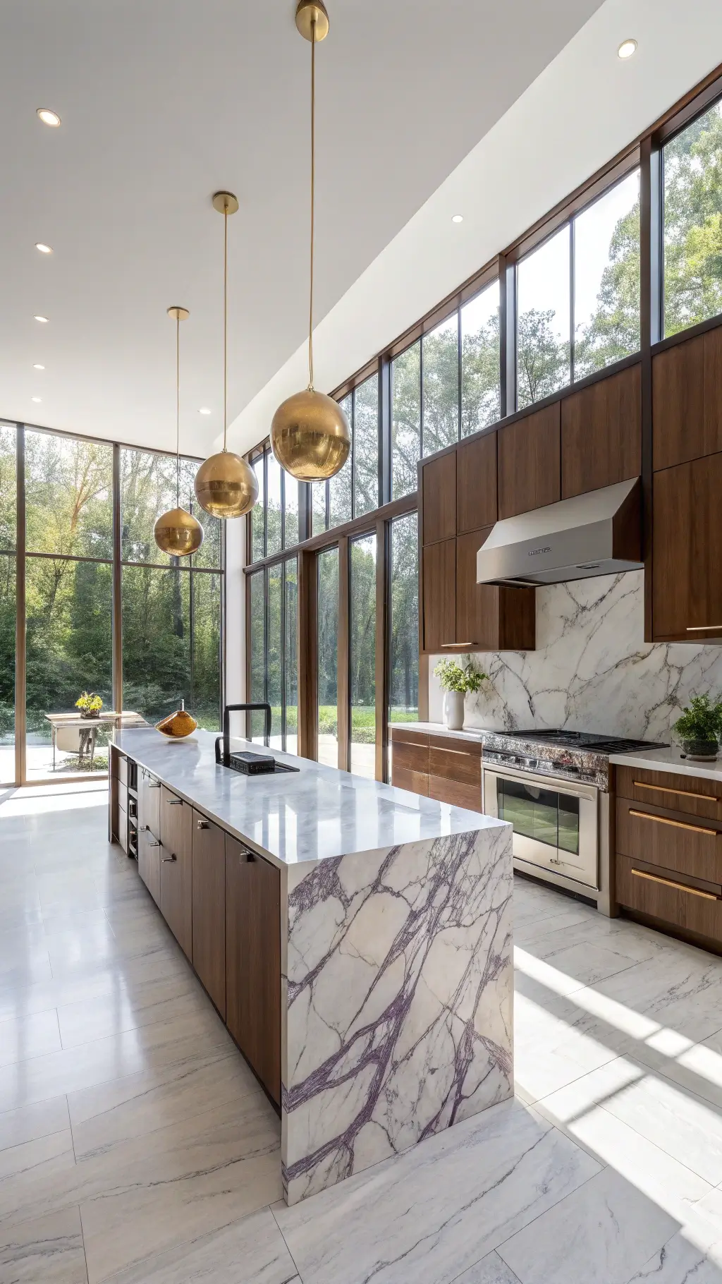 Spacious kitchen with a Calacatta Viola marble island, walnut cabinetry, gold pendant lights, and professional appliances, illuminated by natural light from large windows. luxury kitchen design