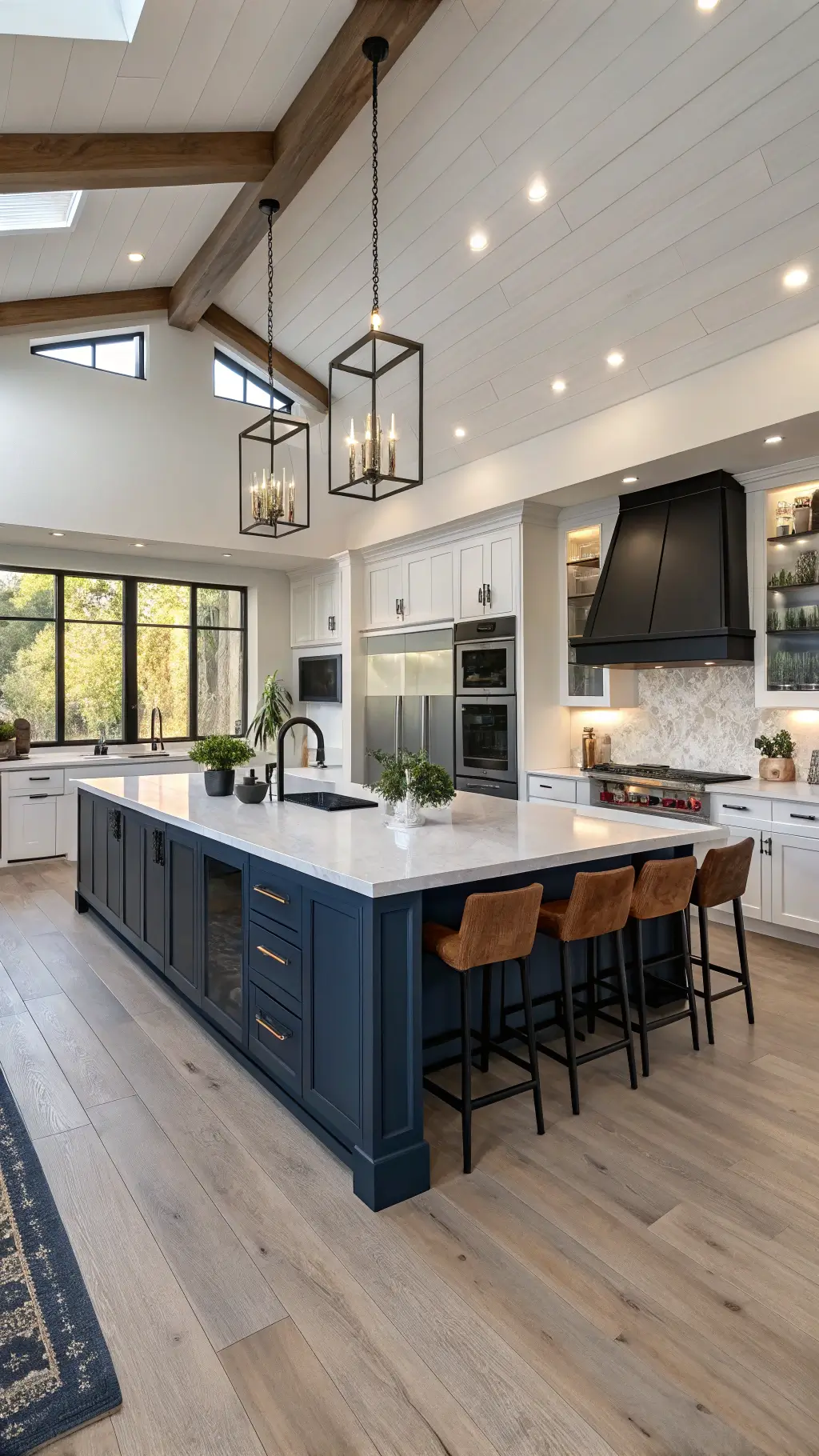 Open-concept kitchen with two islands, one midnight blue quartz with sink, the other bleached oak with wine fridge and seating. Matte black hardware, warm white cabinetry, elevated angle, highlights flow and architectural details. luxury kitchen design