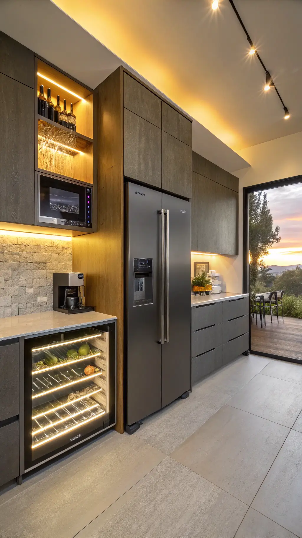 Contemporary kitchen with tech-integrated features, including a sleek graphite smart fridge, built-in wine storage, and handleless cabinetry, warmly lit by LEDs at golden hour. luxury kitchen design
