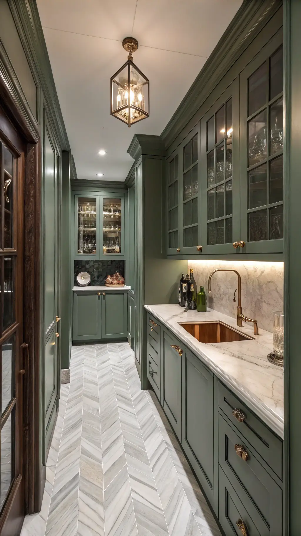 Elegant butler's pantry with herringbone marble floors, sage green storage, antiqued mirror backsplash, copper sink, and vintage pendant light. Symmetrical composition highlights moody, luxurious design. luxury kitchen design