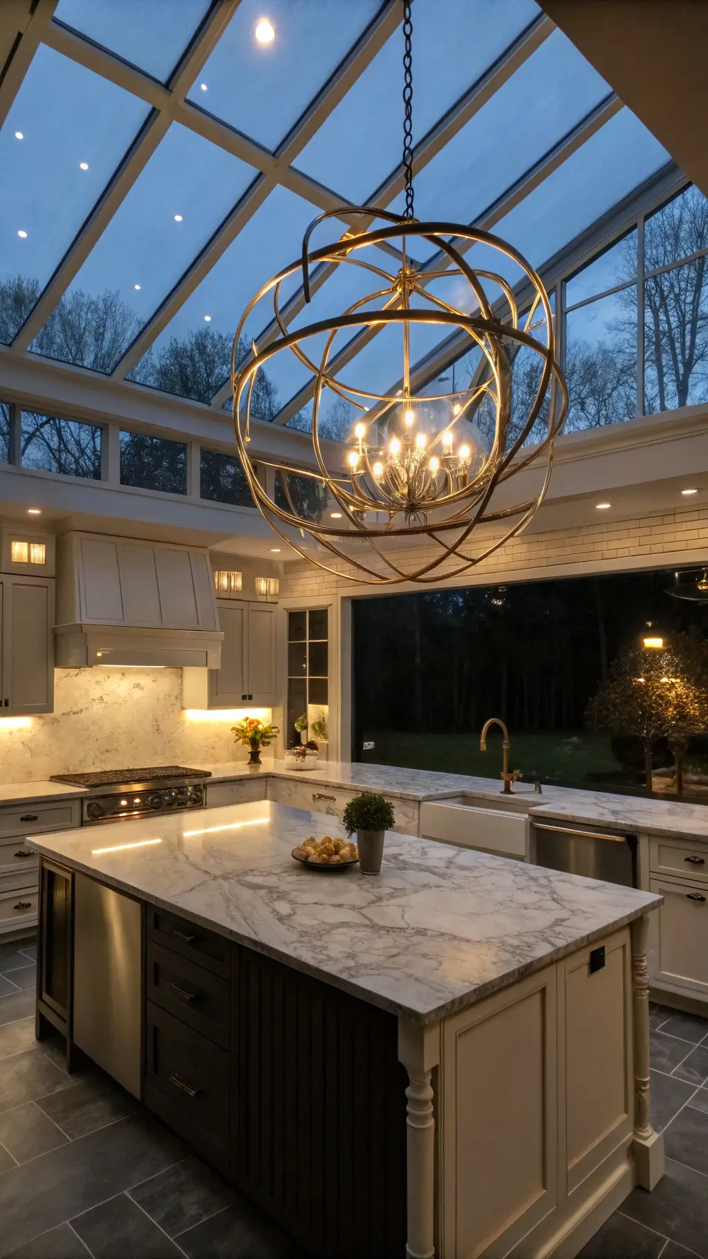 A high-angle view of a 20x24ft kitchen at dusk featuring a dramatic 48-inch brass orbital chandelier over a quartzite island, enhanced by under-cabinet lighting and skylight illumination; mixed metallic finishes accentuate the layered lighting and spatial flow.