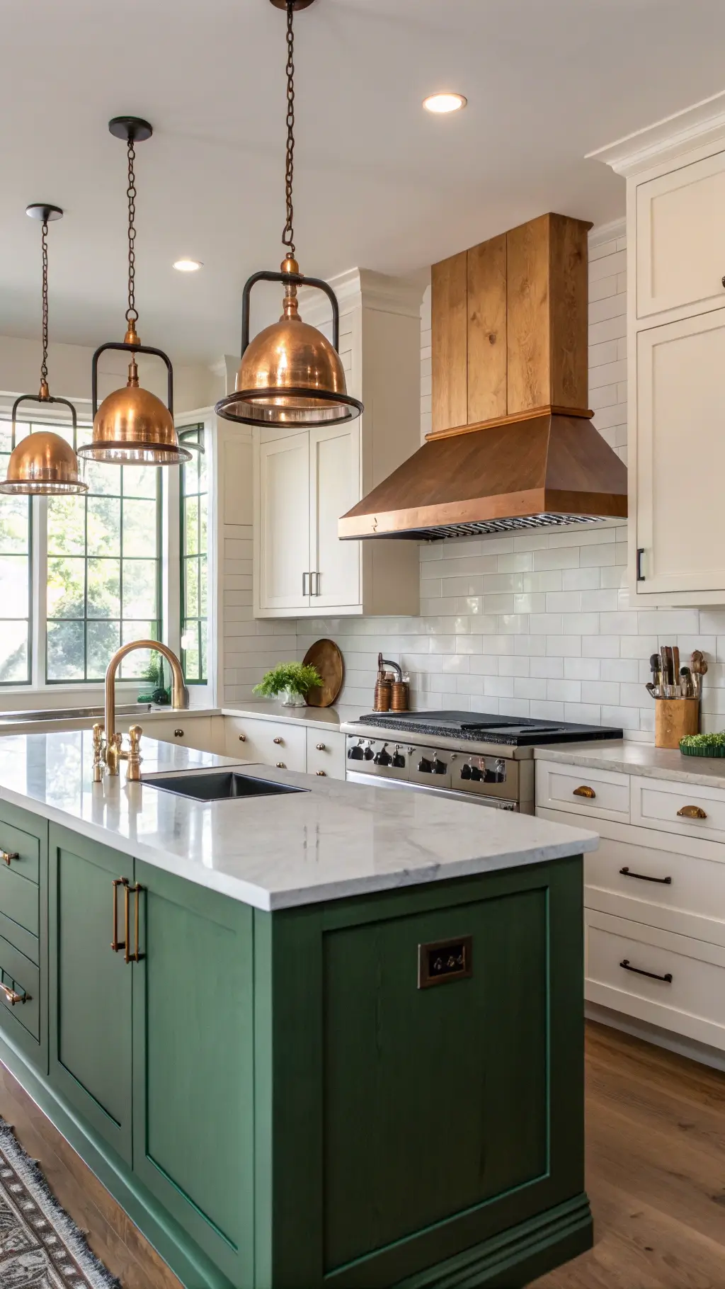 Spacious kitchen with copper range hood, brass faucets, and blackened steel hardware. Emerald green island contrasts with warm white cabinets and figured maple panels. Morning light highlights mixed metals.