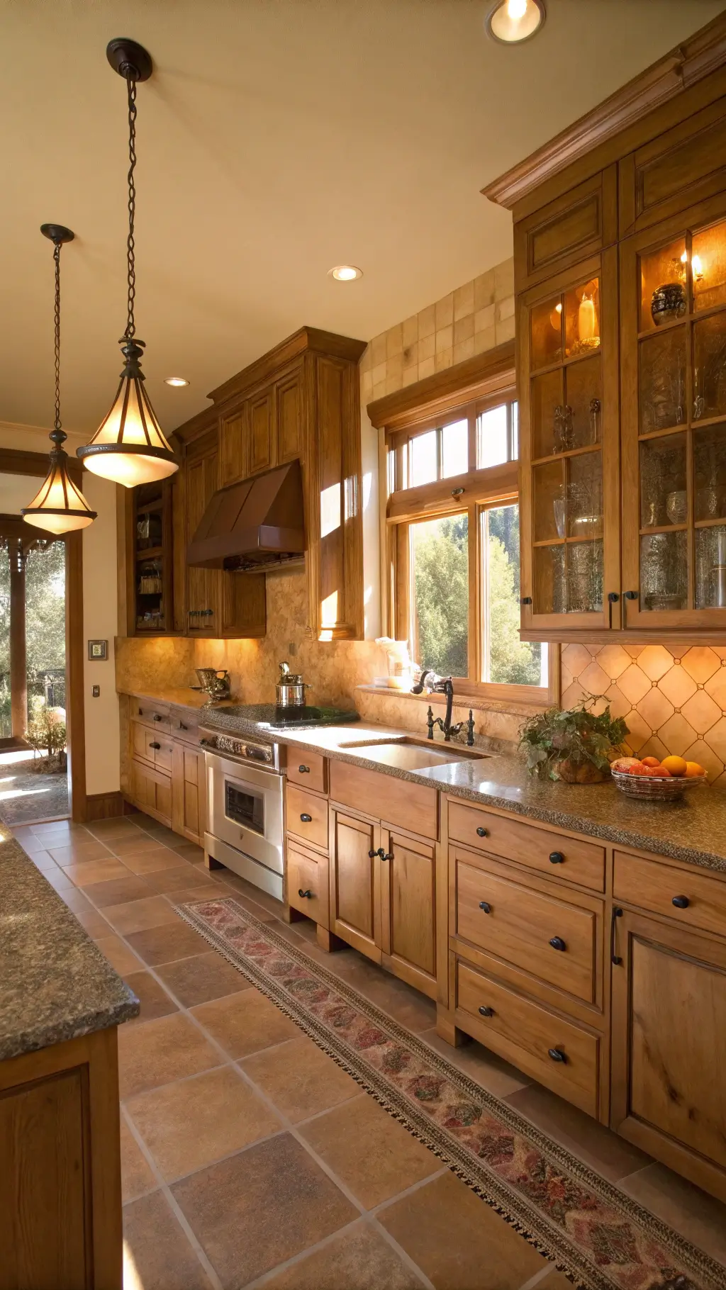 A spacious kitchen with honey-toned oak cabinetry, leather-finish granite counters, bronze fixtures, and a terracotta tile backsplash, warmly lit by golden hour sunlight.