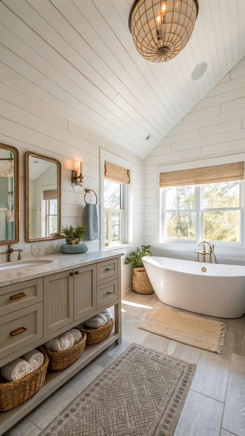 Master bathroom with white shiplap walls, beadboard ceiling, and natural light from a frosted window. Features an oval tub, driftwood gray double vanity with brass fixtures, and seagrass baskets. Textures include a jute runner and sea glass blue towels. Decorated with coral and seashells on floating shelves.