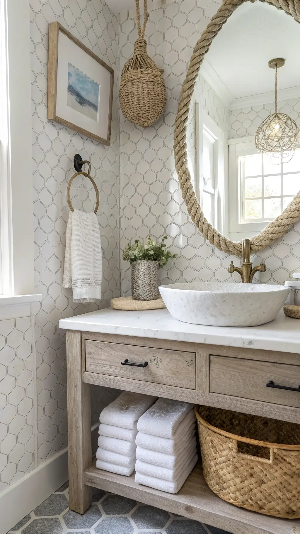 Coastal-inspired powder room with bleached oak vanity, vessel sink, and rope-framed mirror, accented by sea fan coral art and a basket with rolled white towels, under soft skylight illumination.