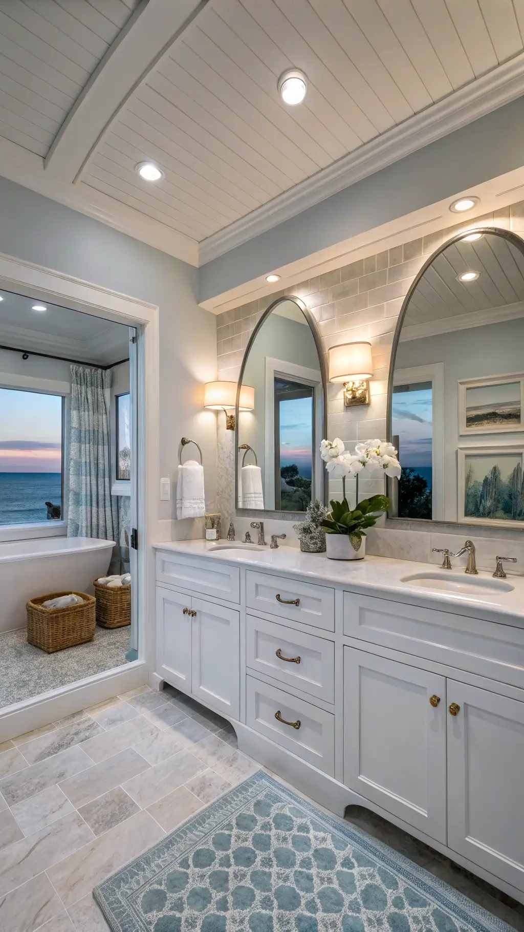 Modern coastal bathroom at twilight showcasing a double vanity with brass hardware, arched mirrors, LED sconces, wave tiles, and a glass shower. Warm and cool lighting enhances depth.