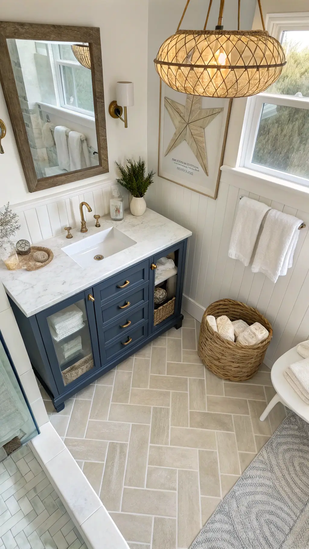 A well-lit guest bathroom with sandy beige herringbone tiles, white shiplap walls, a navy blue vanity with Carrara marble, a linen cabinet with folded towels, rattan pendant light, vintage coastal maps, and decorative shells.