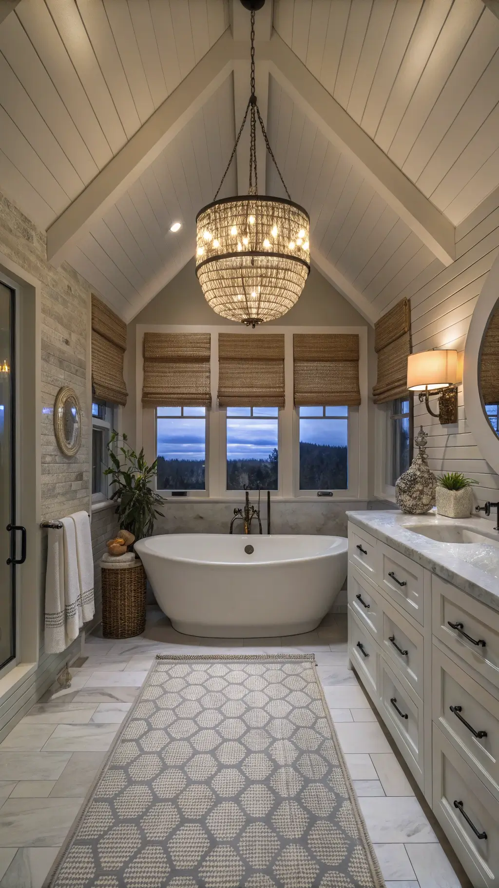 Tranquil spa bathroom at dusk with vaulted ceiling, featuring a freestanding soaking tub under a seashell-detailed chandelier, driftwood cabinetry, wave-patterned marble mosaic floor, textured elements, and warm lighting with moody shadows.