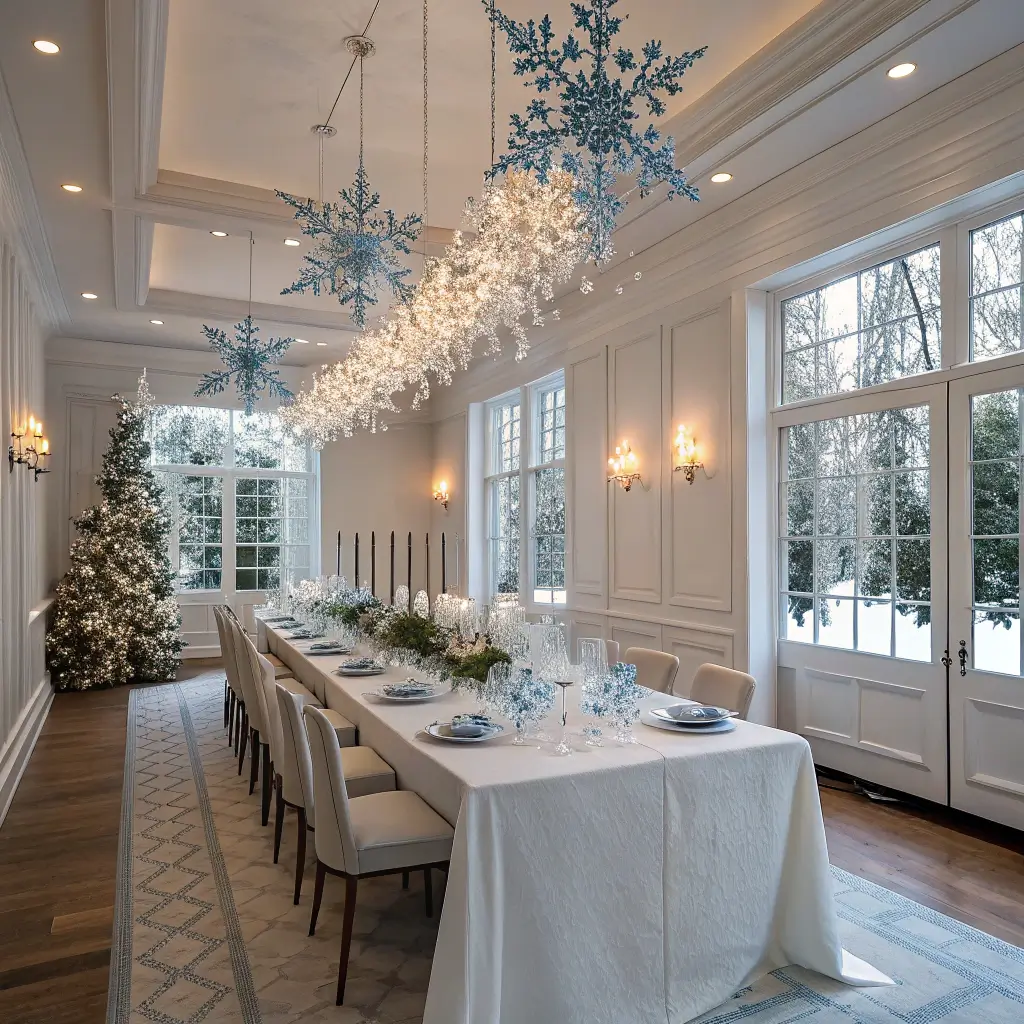 Ethereal winter dining room with an elegant glass table, crystal snowflake centerpiece, and platinum-rimmed place settings, bathed in soft afternoon light from floor-to-ceiling windows.