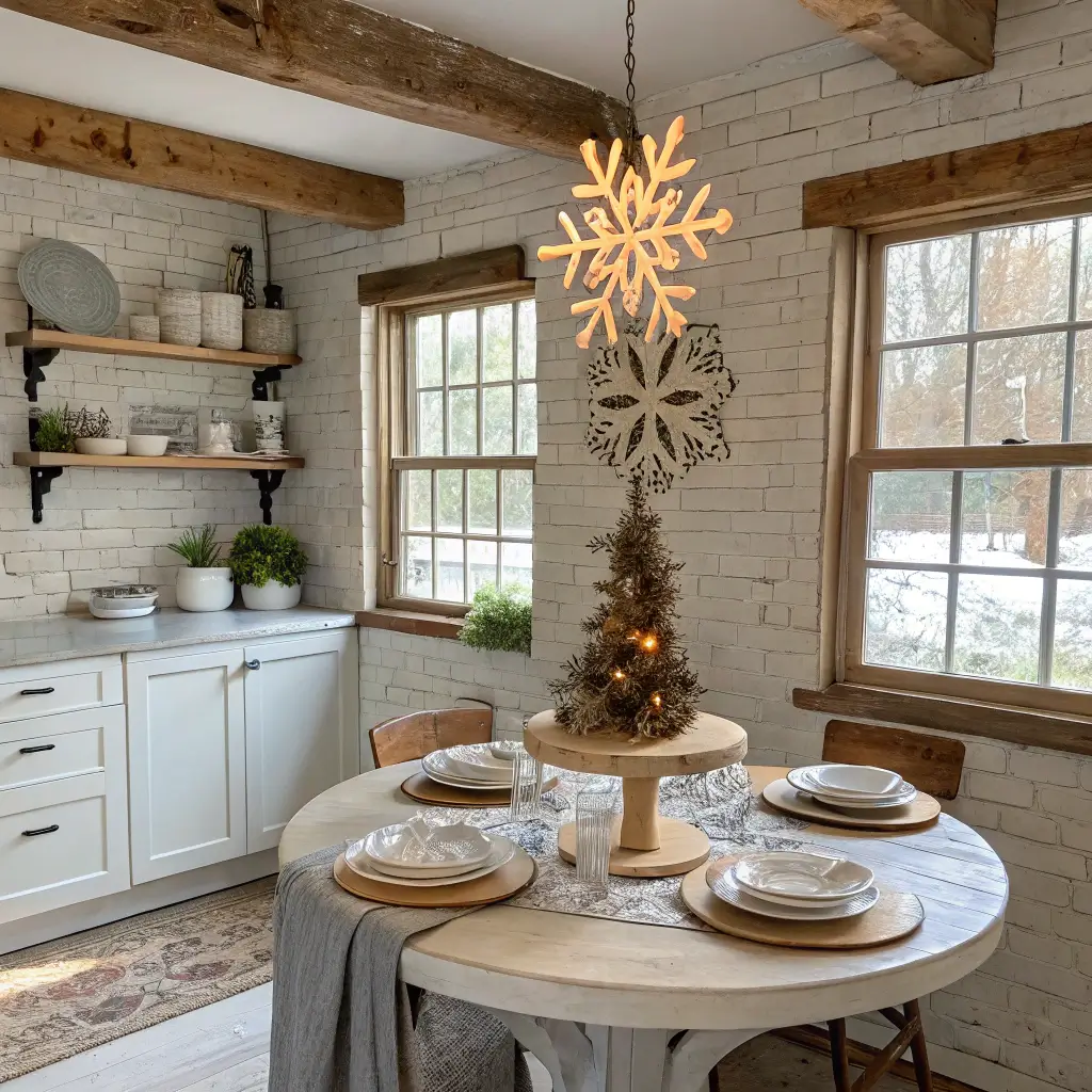 A cozy farmhouse kitchen nook with exposed wooden beams and whitewashed brick walls features a round reclaimed wood table decorated with a three-tiered stand holding hand-carved wooden snowflake ornaments, matte white plates, eucalyptus sprigs on a linen runner. Warm morning light and a vintage pendant lamp softly illuminate the scene.