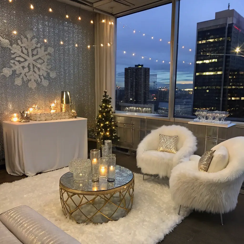 A chic winter cocktail lounge featuring a metallic accent wall, floor-to-ceiling windows with city views, a mirrored console table with snowflake decor and crystal decanters, surrounded by silver furniture, faux fur throws, and acrylic chairs in a platinum, pearl white, and champagne gold palette.