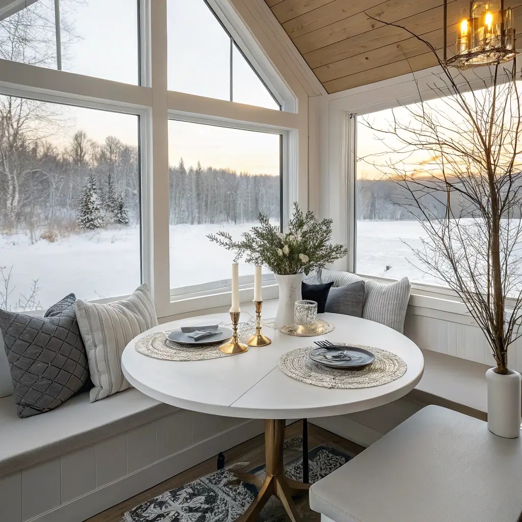 A cozy Nordic winter breakfast nook set in a 10x12ft corner space with a pitched ceiling and panoramic windows showing a snowy landscape. The centerpiece is a round white tulip table adorned with laser-cut snowflake placemats, grey linen napkins, and matte black stoneware. Minimalist brass candlesticks and a white branch centerpiece complete the scene. The color palette includes winter white, warm grey, black, and natural brass, all illuminated by early morning winter light.