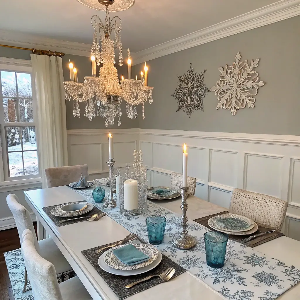 A dining room transformed into a winter wonderland using Dollar Store finds, featuring a stylish tablescape with metallic snowflake chargers, crystal-look placemats, and a centerpiece with mixed-height candleholders. The room, elegantly wainscoted and illuminated by warm golden hour lighting and a crystal chandelier, showcases a white, silver, and pale blue color palette. The image is shot from a 7ft elevation at a 45-degree angle.