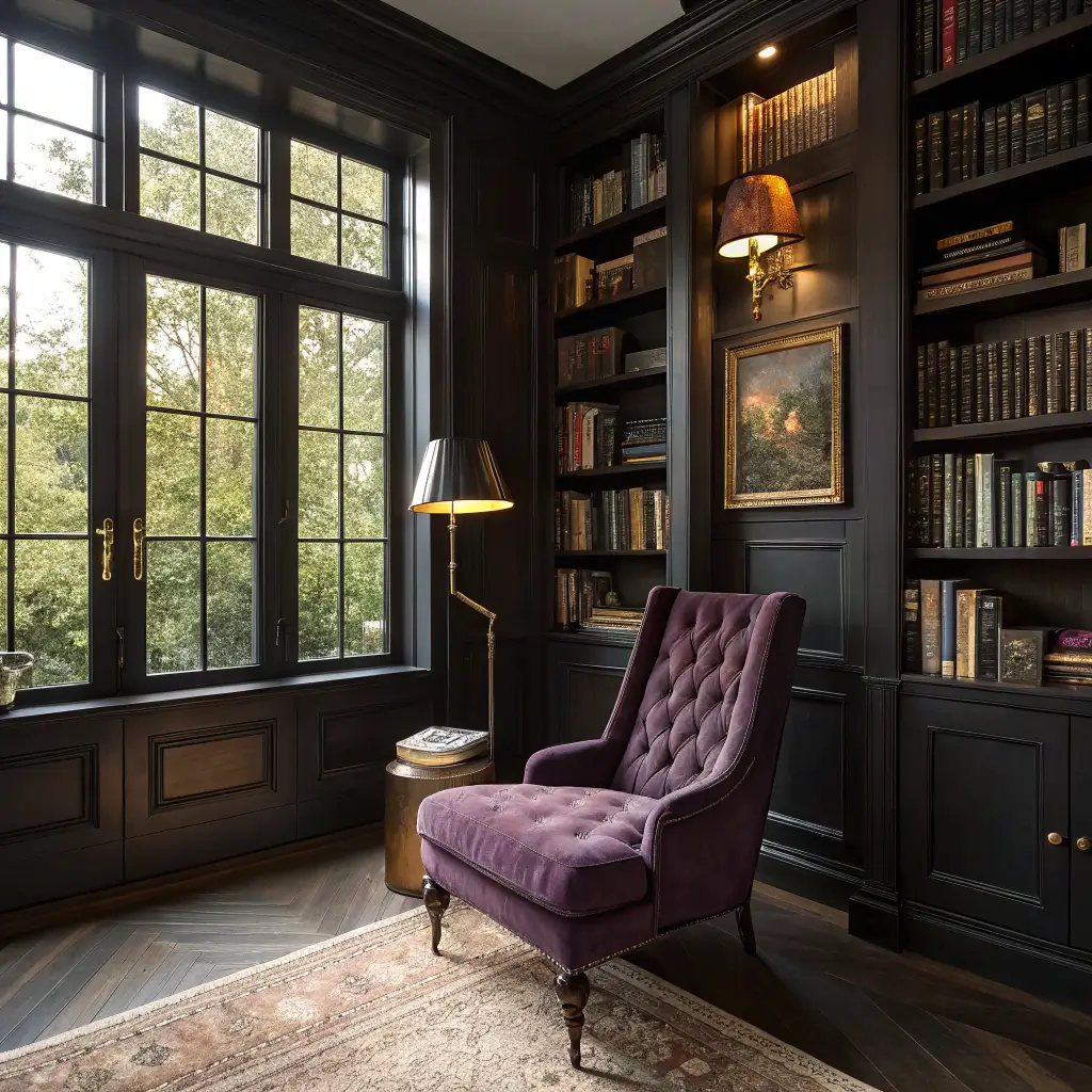 A cozy 12x14ft library corner with black built-in bookshelves filled with leather-bound books, a plum wingback chair near a bay window, an antique brass reading lamp, and oil paintings in gilded frames, bathed in moody afternoon light.