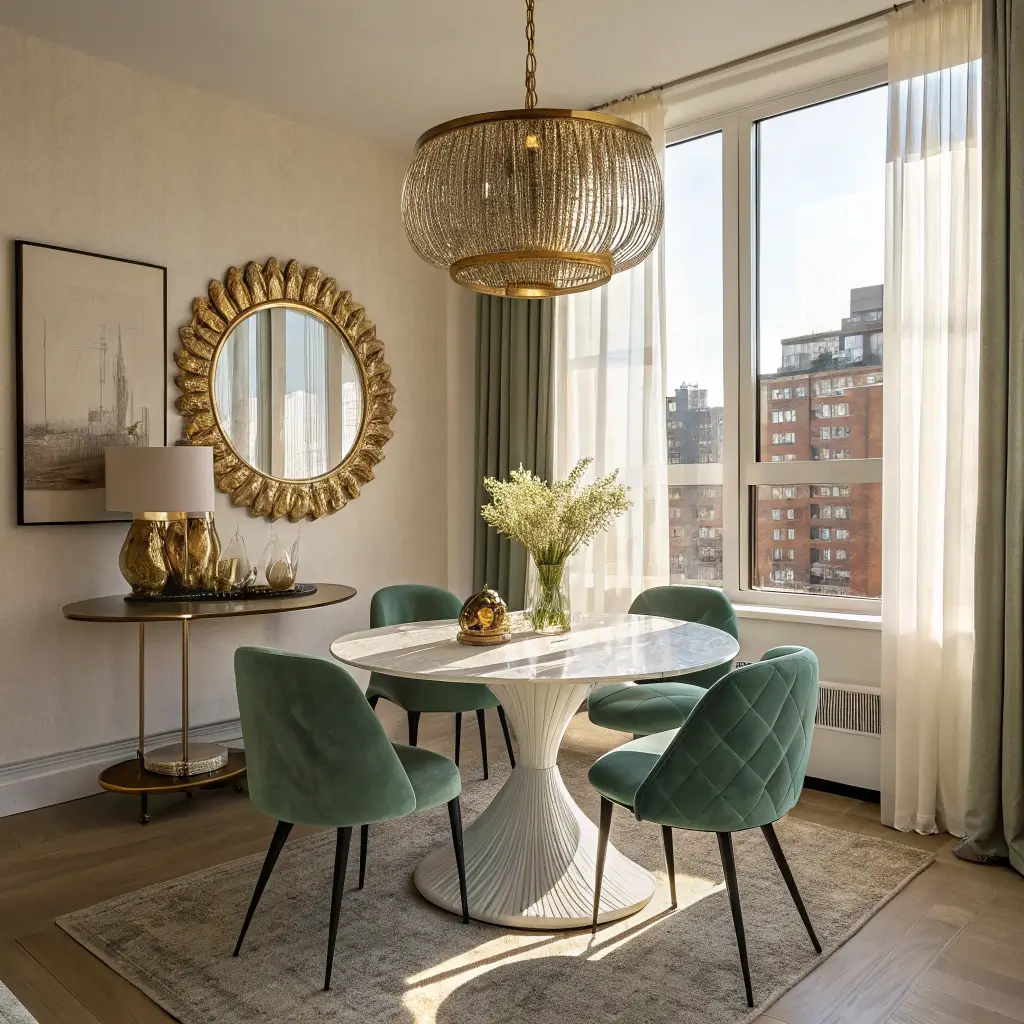Sunlit contemporary dining nook at golden hour with a round white marble tulip table, sage green velvet chairs, brass pendant light, ornate gold mirror, pampas grass in a vase, and linen placemats, showcasing a warm color palette. apartment dining room decor ideas