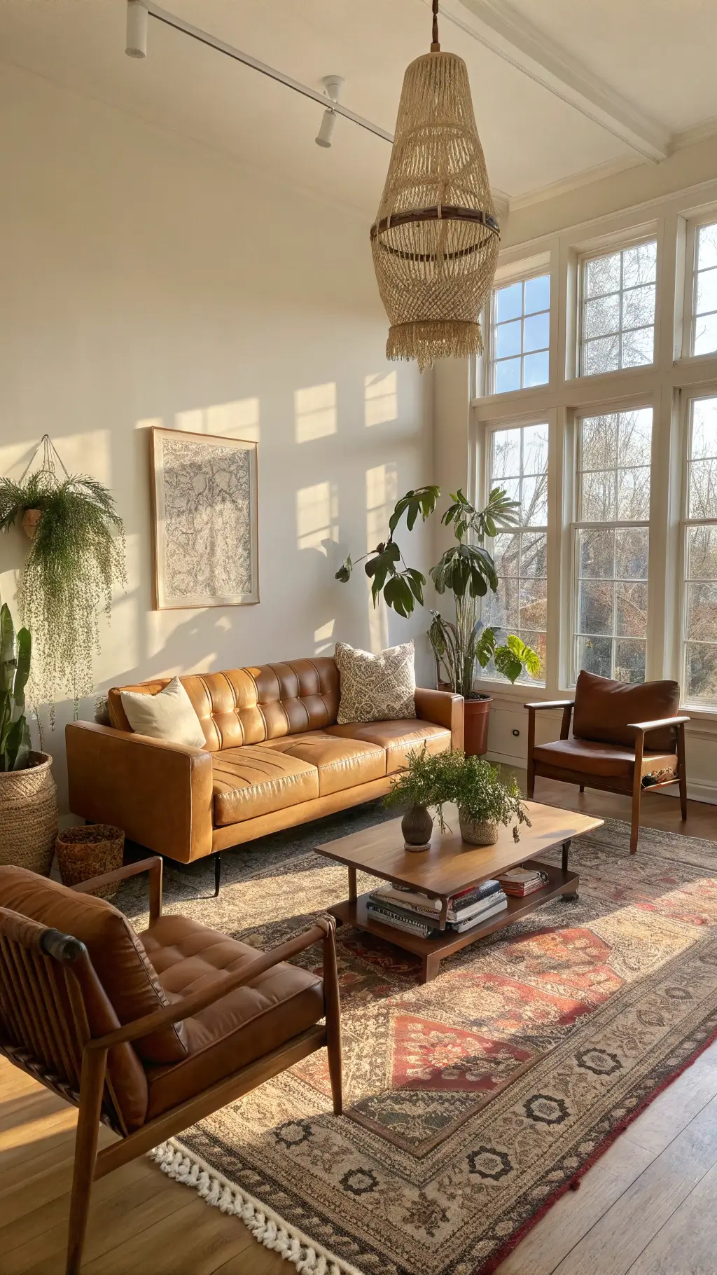 A sunlit living room with a camel leather sofa, accent chairs in dusty rose, a walnut coffee table on vintage rugs, and brass sputnik chandelier. Large windows, macramé hangings, and hanging plants enhance the space.