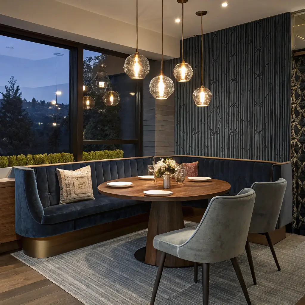 Intimate dining area with charcoal velvet L-shaped banquette, walnut oval table, smoked glass pendants, deep navy grasscloth wallpaper, ghost chairs, copper accessories, and brass candlesticks. apartment dining room decor ideas