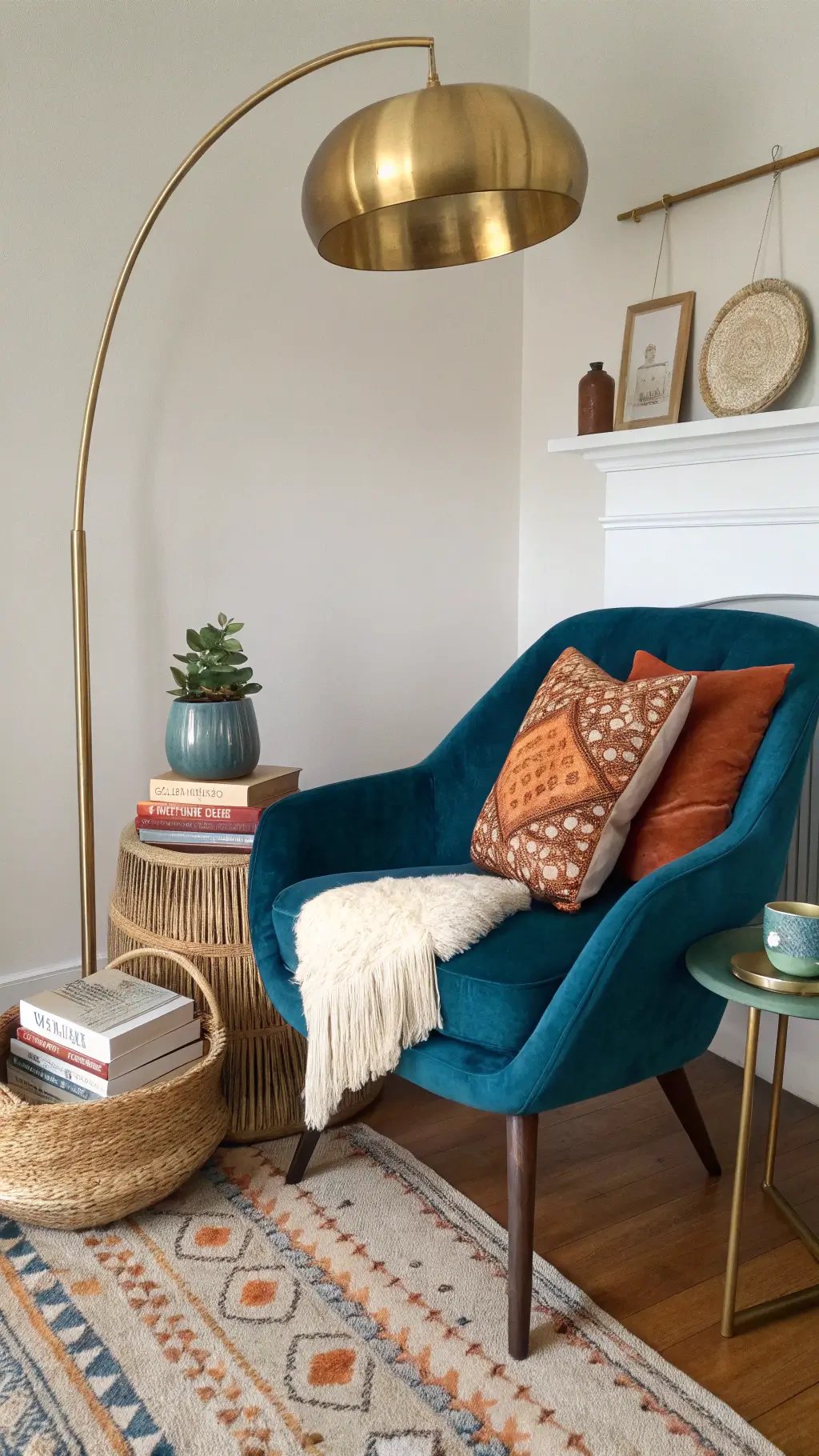A cozy living room nook with a brushed brass arc floor lamp over a teal velvet reading chair, a rattan side table with vintage books, rust and amber cushions, a sheepskin throw, potted plants, and woven wall baskets.