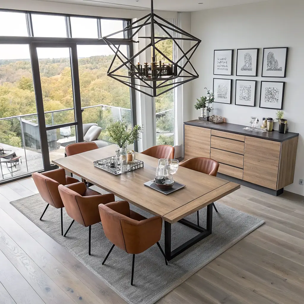 Aerial view of a minimalist dining area in an 8x10ft corner, featuring a bleached oak table with hidden storage, fold-away cognac leather chairs, a matte black geometric chandelier, and a brass and glass bar cart, all set against a backdrop of metropolitan views through a floor-to-ceiling window. apartment dining room decor ideas