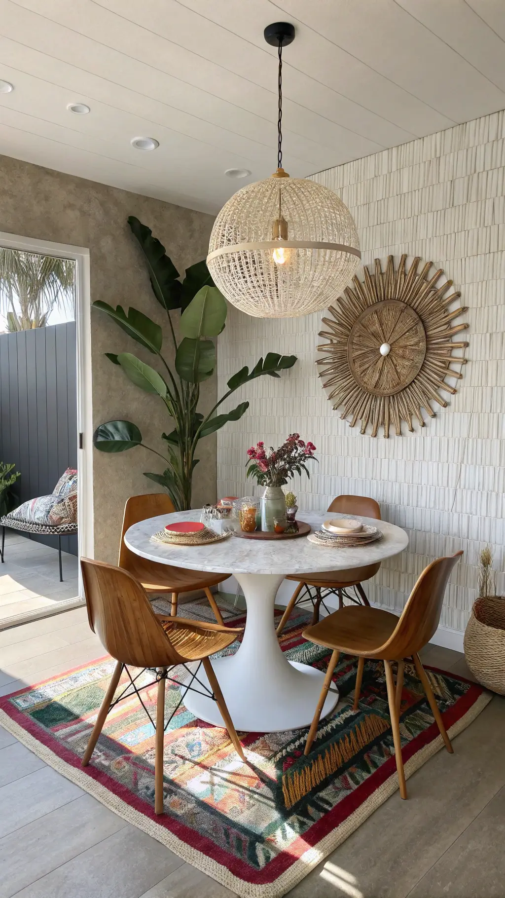 A stylish dining nook with a round tulip table, vintage wooden chairs, a sputnik chandelier, fiddle leaf fig tree, varied rattan pendants, and bohemian textiles in warm afternoon light. boho mid century modern living room