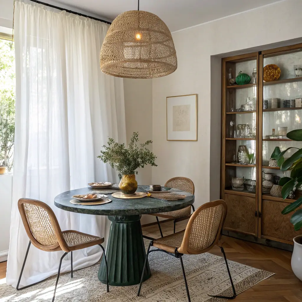 Eclectic dining space with emerald marble table, vintage cane-backed chairs, and rattan pendant light, featuring brass and glass shelving with ceramics, photographed in soft morning light. apartment dining room decor ideas