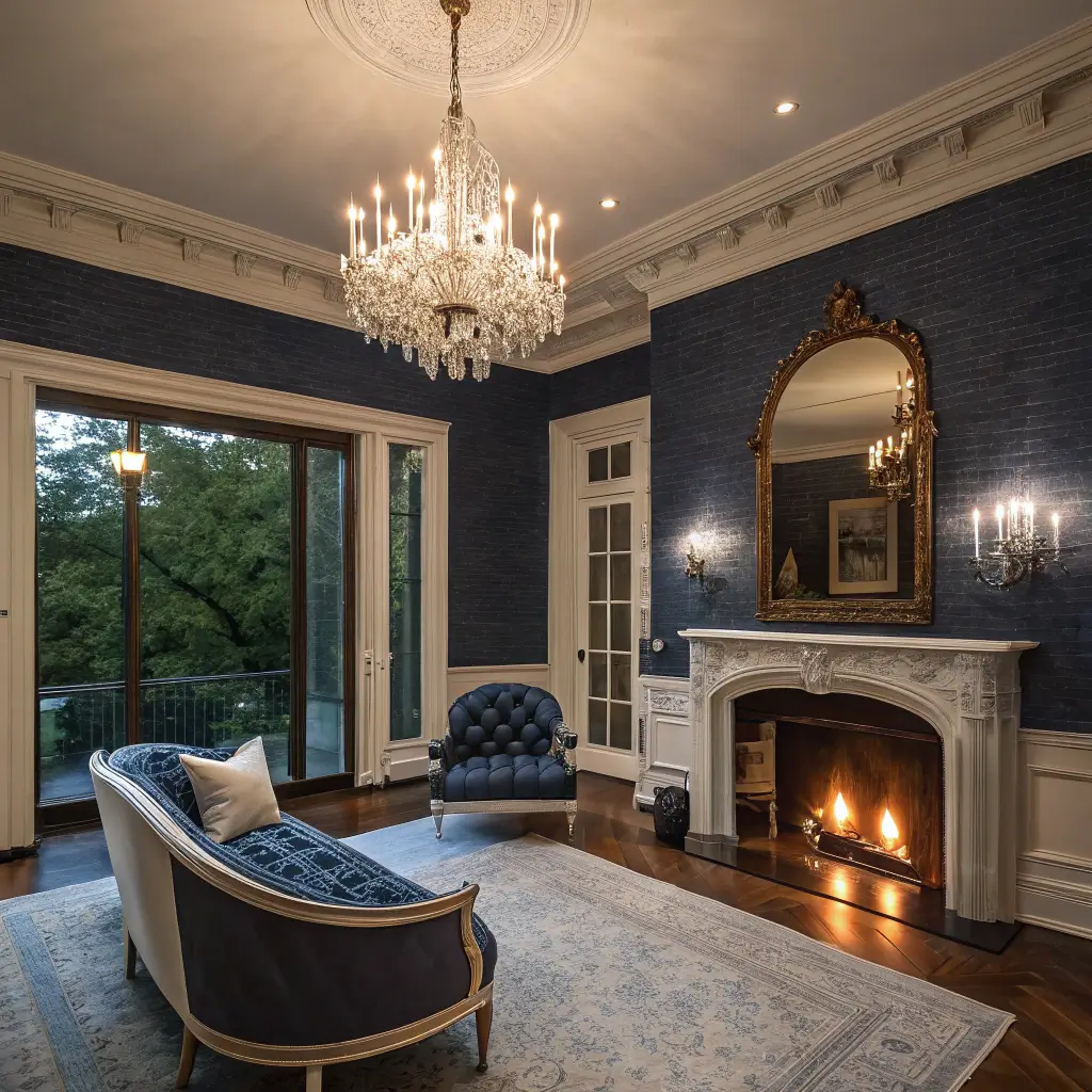 A grand Victorian parlor at dusk featuring navy grasscloth wallpaper, original crown molding, and a crystal chandelier casting shadows. A curved silk settee and tufted leather chairs surround a marble fireplace with an aged mirror above, reflecting candlelight. French doors open to a garden, captured from an elevated view showcasing dramatic evening lighting and a warm fireplace glow.