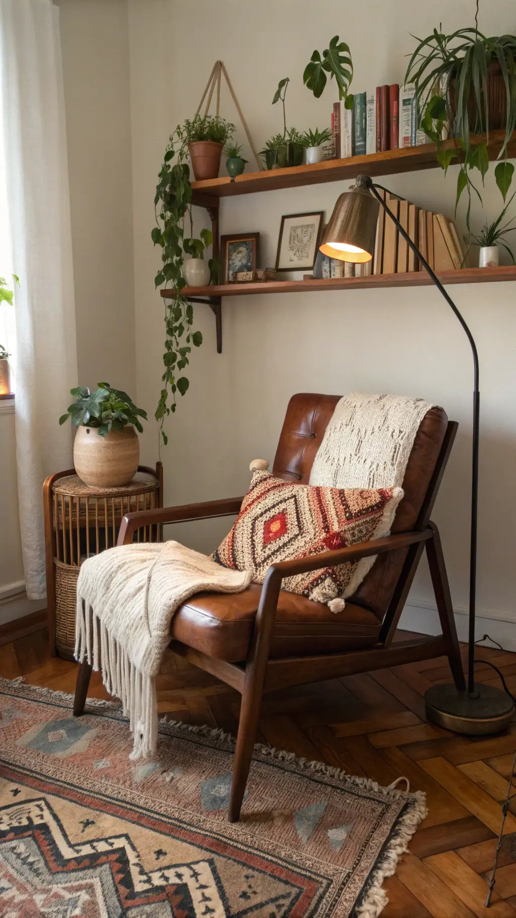 A cozy reading nook featuring a mid-century leather lounge chair adorned with a chunky knit throw and embroidered pillows, placed on a vintage Moroccan rug with a minimalist floor lamp and hanging plants above. Warm wood floating shelves display artifacts and books, with late morning light highlighting textures and patterns. boho mid century modern living room