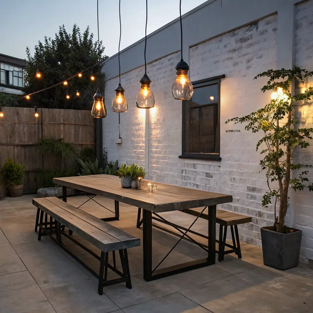 Modern industrial dining area at twilight with blackened steel and reclaimed wood table, concrete bench, bronze metal chairs, Edison bulb pendants, and warm white painted brick wall. apartment dining room decor ideas