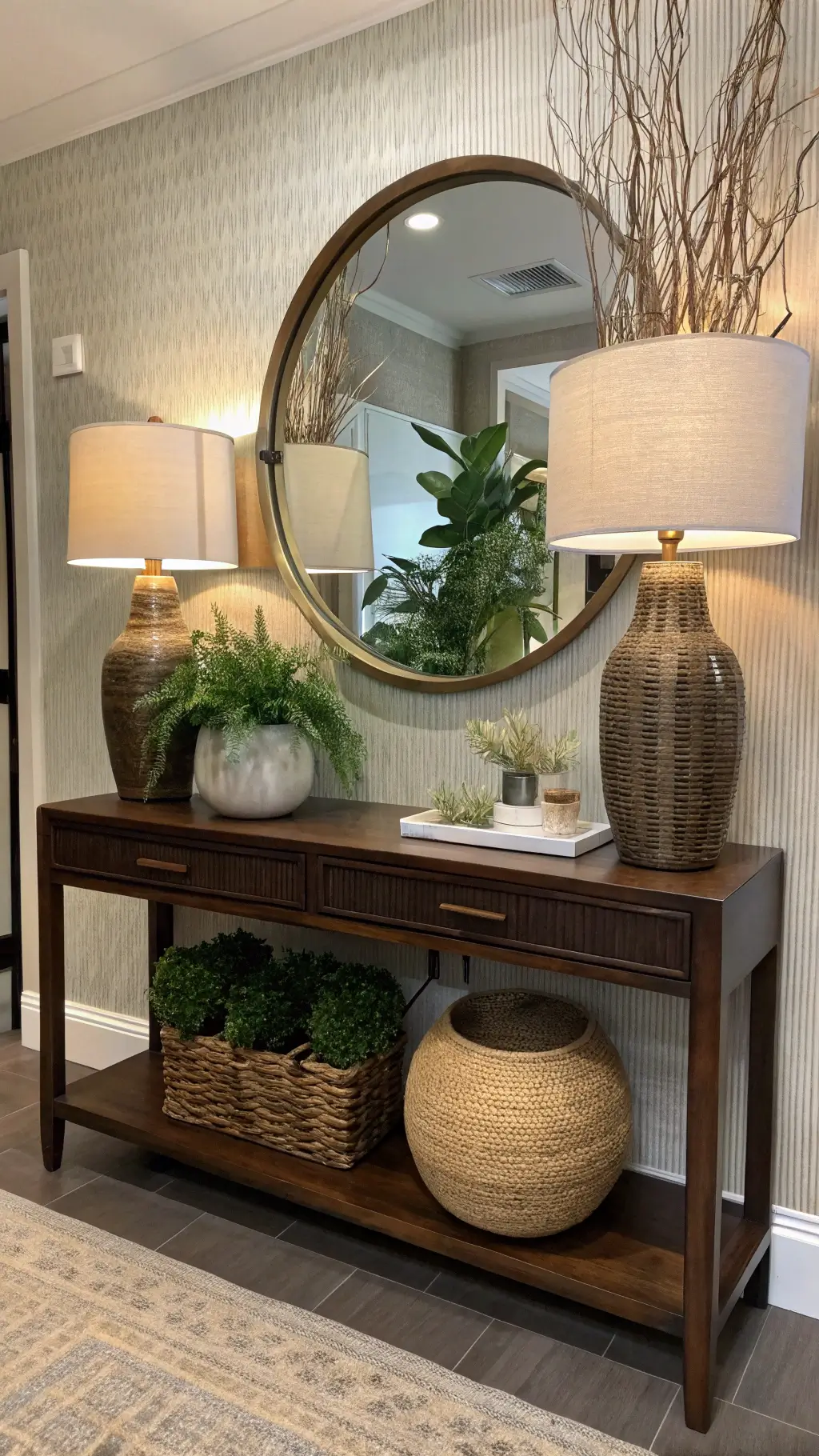 A dramatic entryway with a dark walnut console table, mid-century and bohemian decor, oversized brass-framed round mirror, trailing plants, handmade pottery, vintage rattan-shaded lamps, and textured grasscloth wallpaper. boho mid century modern living room