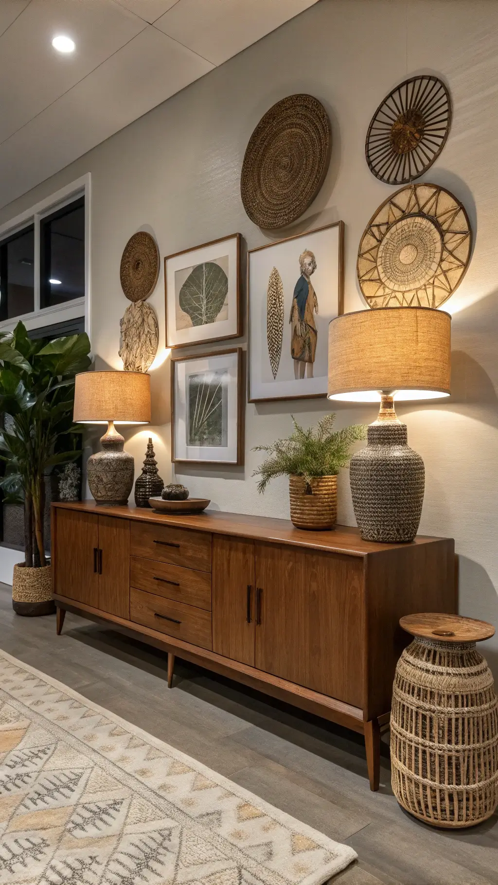 A mid-century teak credenza with an eclectic gallery wall featuring abstract art, woven plates, and macramé, flanked by ceramic lamps, surrounded by plants and brass accents, in warm evening lighting. boho mid century modern living room