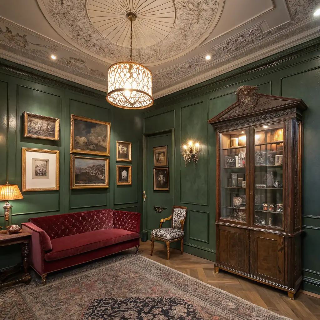 A cozy sitting room with forest green paneled walls and ornate ceiling medallion, featuring a vintage brass and glass display cabinet filled with curiosities. A burgundy velvet loveseat is flanked by weathered wooden side tables. Antique oil paintings form a gallery wall, with moody lighting and accent spots on the artwork. Low camera angle emphasizes the room's height.