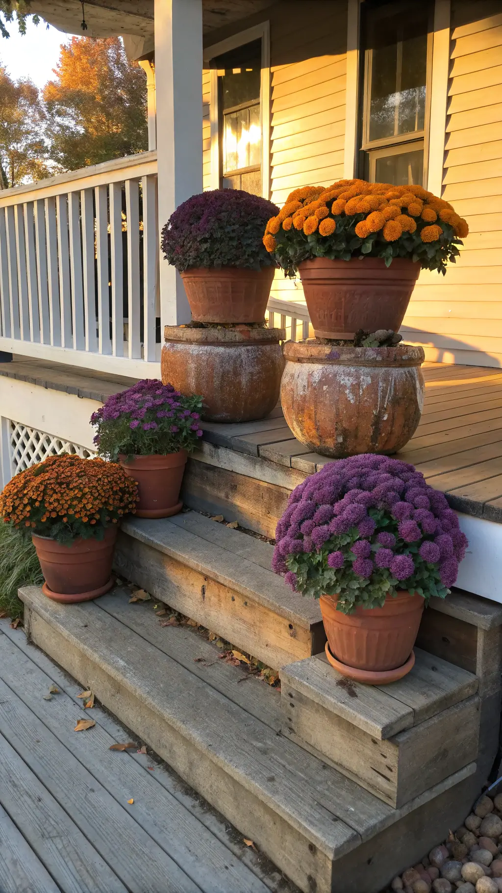 Photorealistic front porch scene at golden hour with weathered terracotta pots on rustic crates, displaying deep purple and rust-orange mums, white mini pumpkins, and cascading English ivy, captured in warm autumn sunlight.