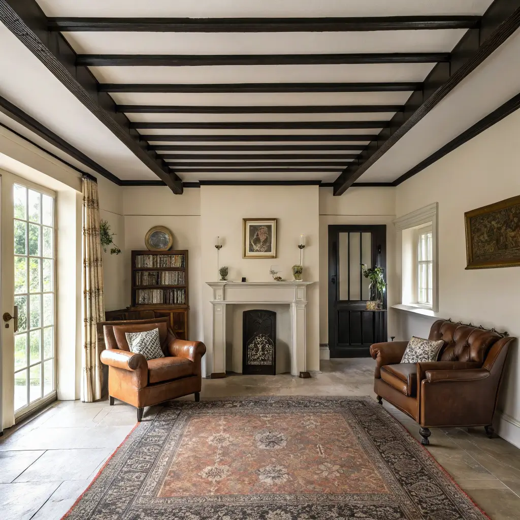 A symmetrical drawing room features cream walls and black ceiling beams, with a vintage kilim rug in jewel tones. Burnished leather chairs face a marble fireplace, while a brass étagère displays treasures. The room is illuminated by soft natural and subtle artificial light.
