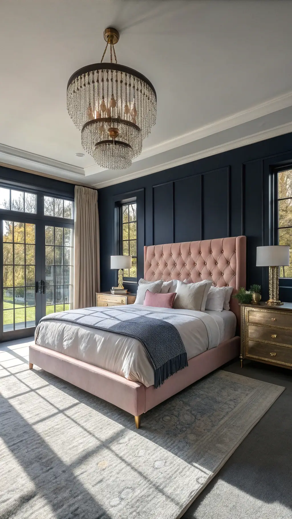 Master bedroom with navy walls, pink velvet headboard, crystal chandelier, and large windows.