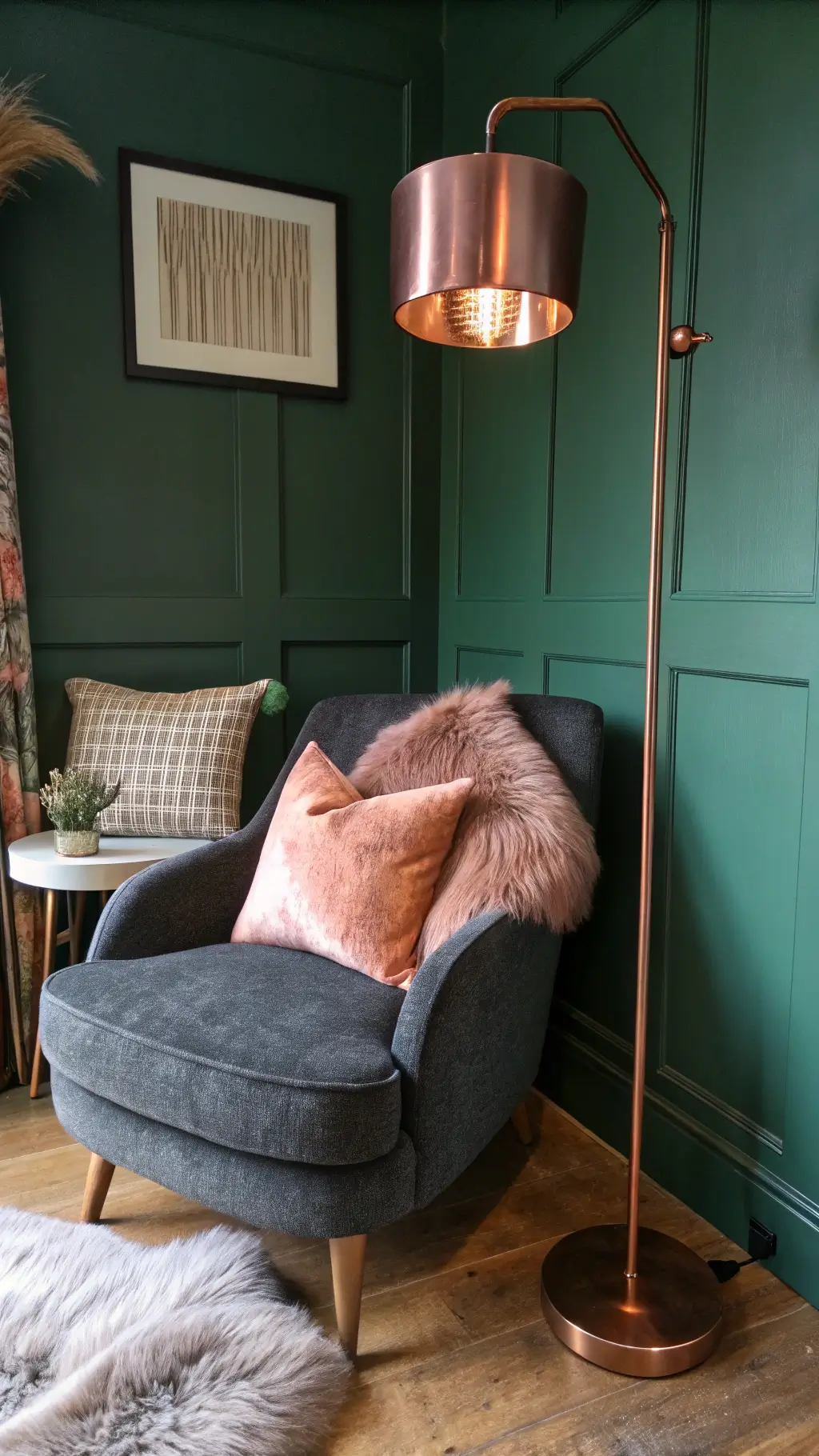 A cozy reading nook featuring a plush charcoal chair with silk blush pillows and a faux fur throw, illuminated by a brushed copper floor lamp against an emerald accent wall, captured from a low angle in warm afternoon light.