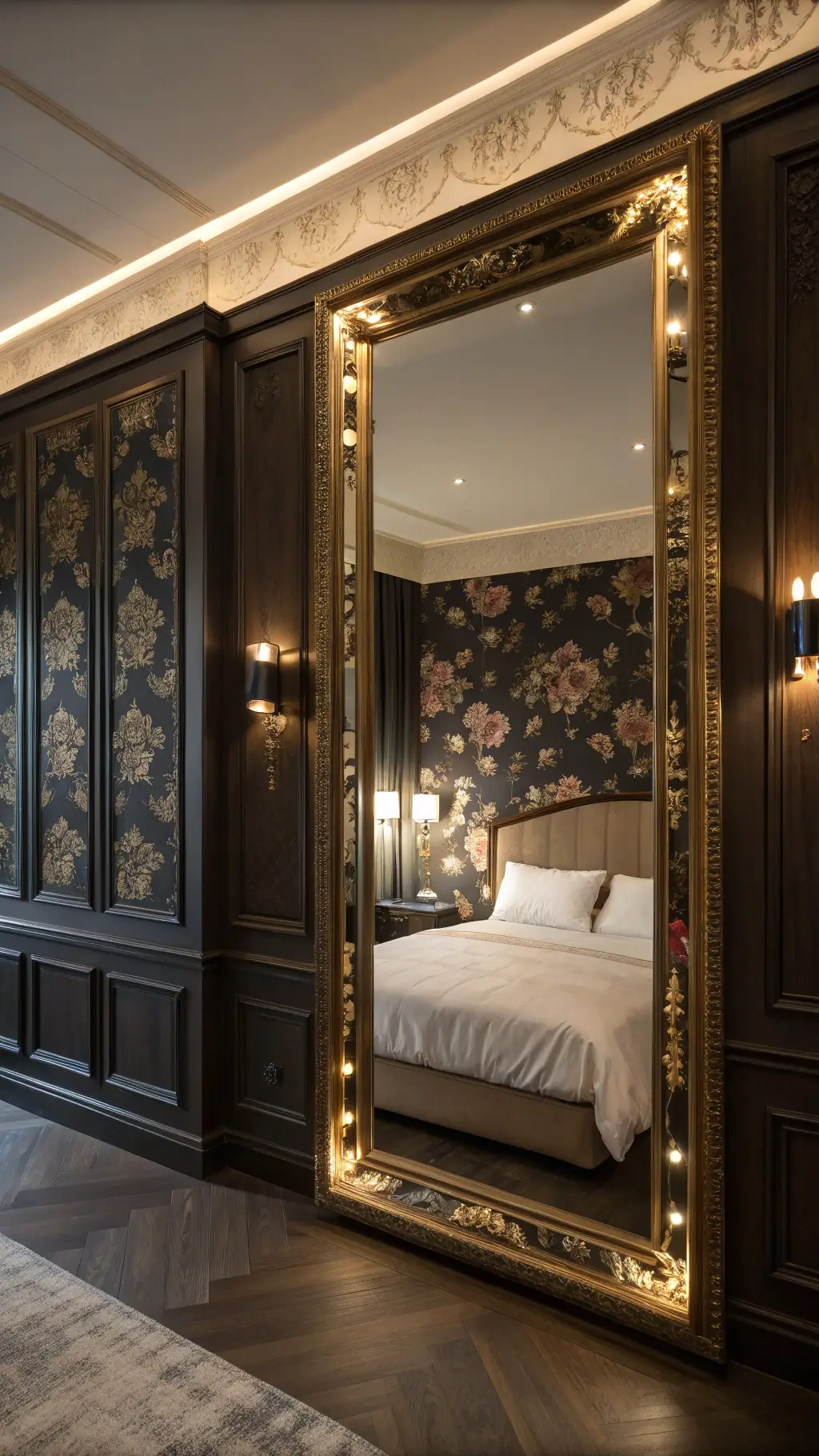 A dramatic bedroom wall at dusk features dark wood paneling, a large gilded mirror reflecting floral wallpaper, and soft LED backlighting behind the headboard.
