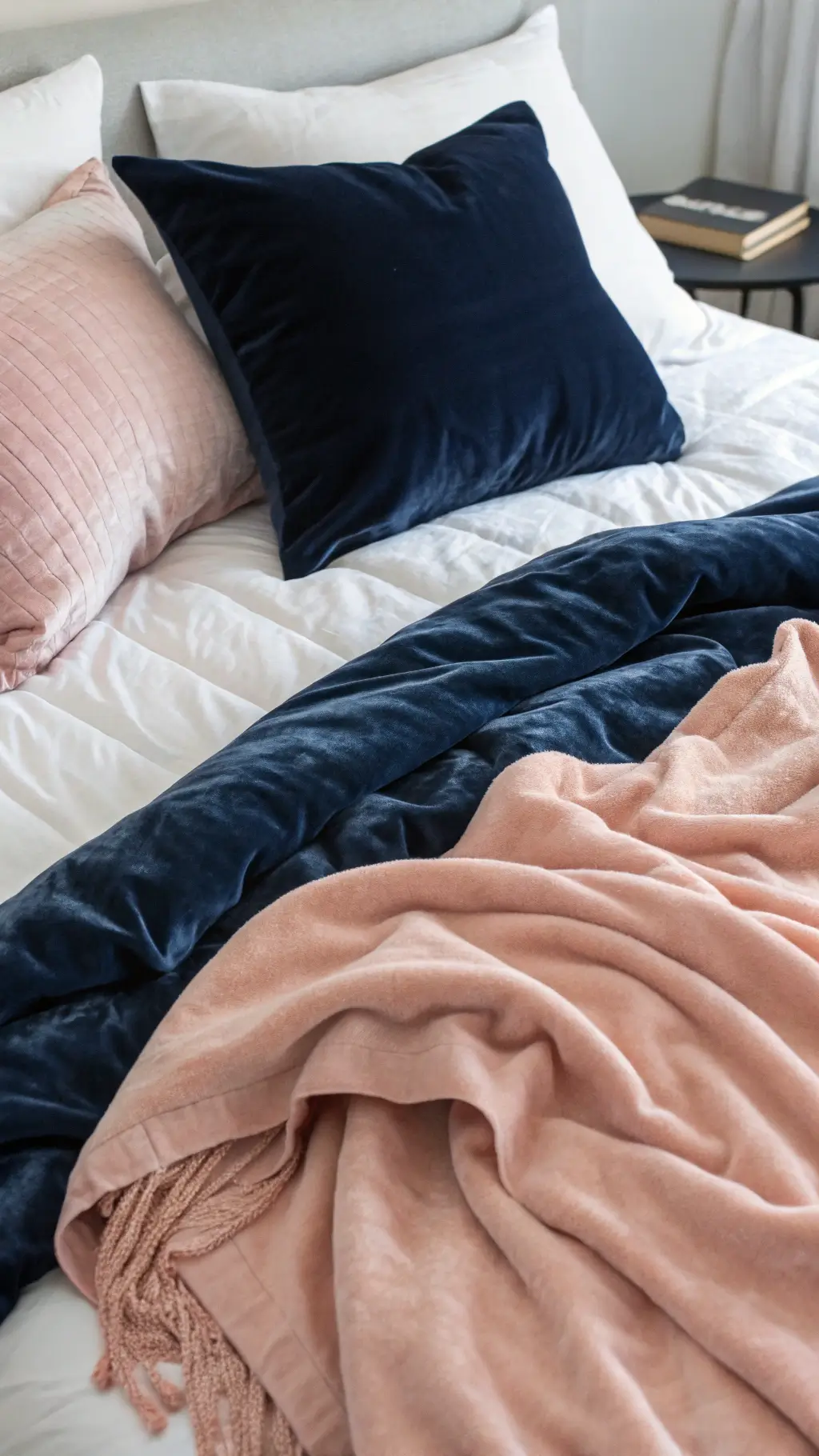 Close-up of elegant bedding with white sheets, a midnight blue velvet duvet, a dusty rose cashmere throw, and a variety of pink-toned pillows, highlighting fabric textures.