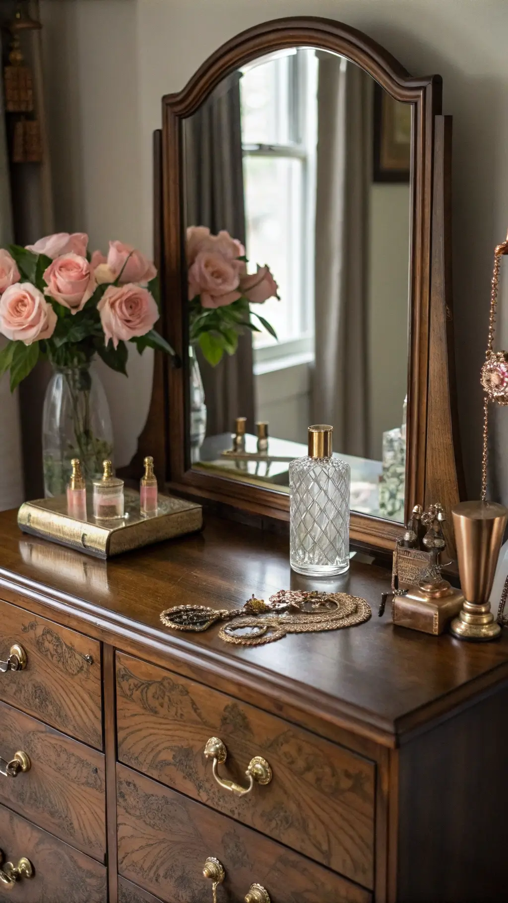 Eye-level shot of a vintage dresser with dark wood and brass hardware, featuring a three-panel mirror reflecting moody lighting. Styled with crystal perfume bottles, pink roses in a copper vase, and a vintage jewelry box. Romantic Moody Bedroom Ideas Pink